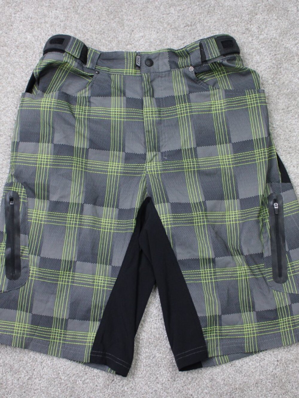 Zoic Cycling Shorts Mens Large Green/Gray 12" Cargo Zip Pocket Stretch Biking